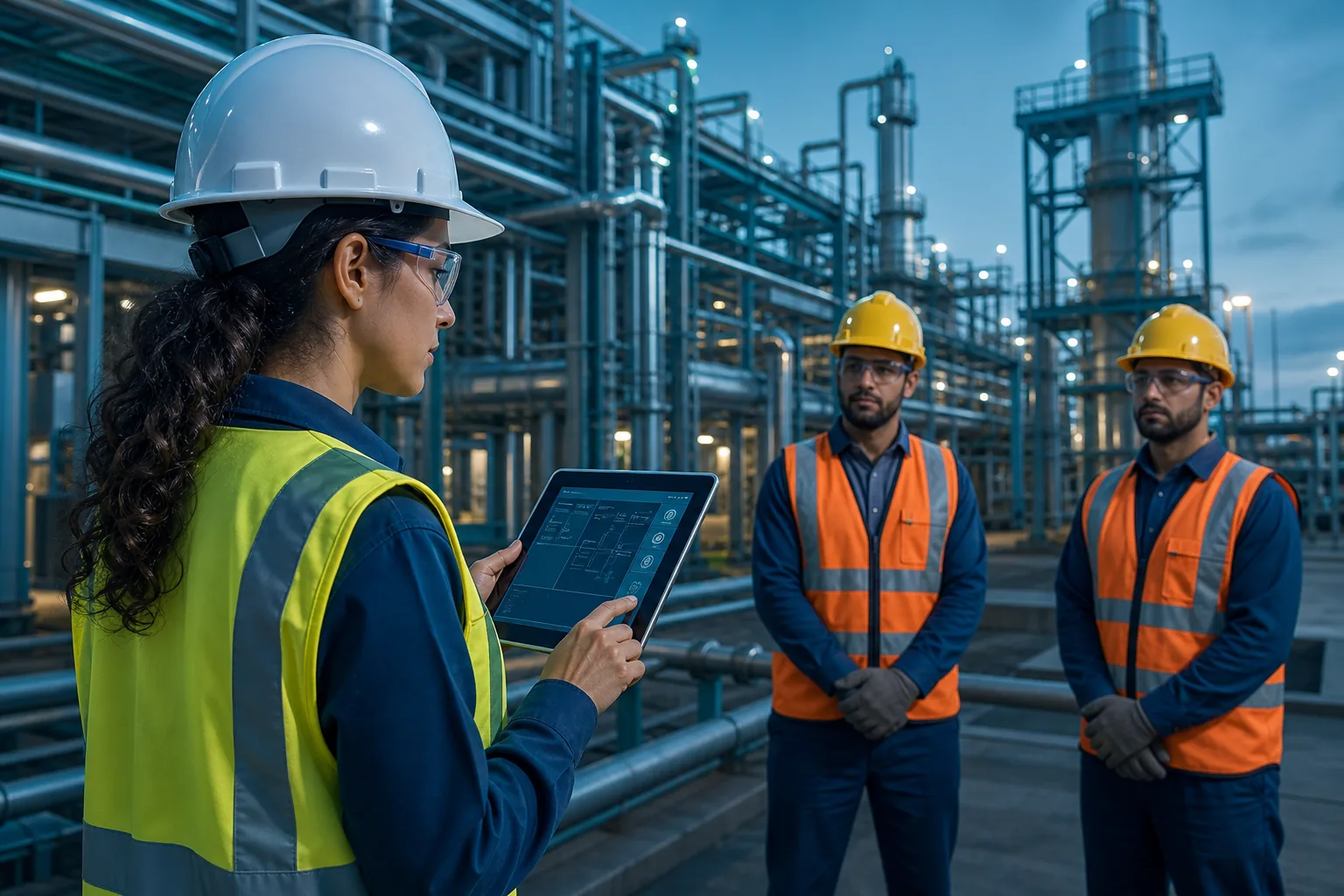 Engenheira de segurança realizando uma APR digital antes da atividade industrial