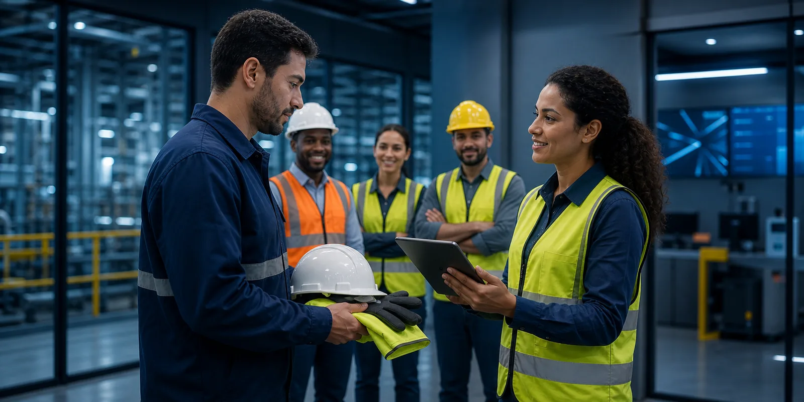 Novo colaborador recebendo orientação e equipamentos de segurança