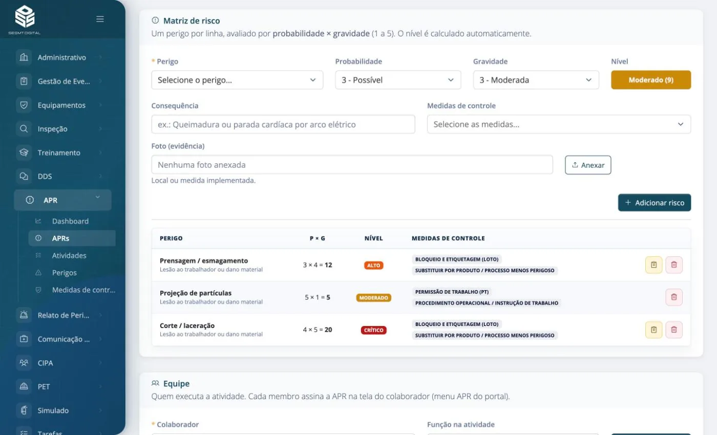Matriz de risco da APR no SESMT Digital, com perigo, probabilidade e gravidade, nível calculado automaticamente e medidas de controle de cada risco