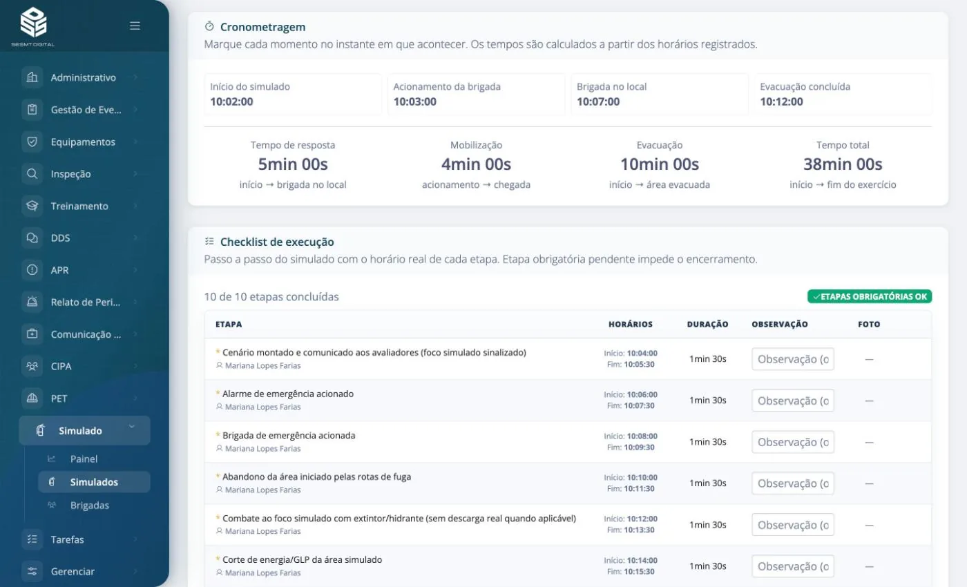 Cronometragem de um simulado no SESMT Digital, com tempo de resposta, mobilização, evacuação e tempo total, e o checklist de execução com o horário de cada etapa